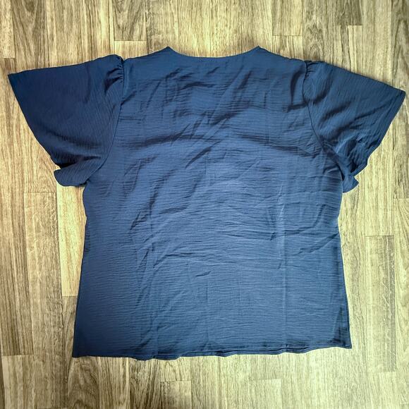 Michael Kors Navy Blue Lace Up Blouse Medium Flutter Sleeve V Neck Top M - Picture 2 of 6